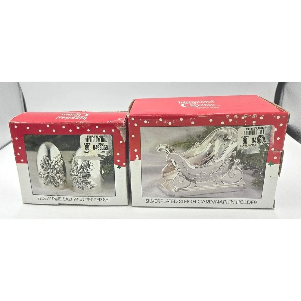 International Silver Co. Christmas Sleigh Napkin Holder & Holly Shakers
